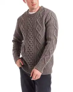 2024 new 80% lambs wool/20% nylon Pullover Cable Thick Crew Neck Men's Knitted Wool Sweater