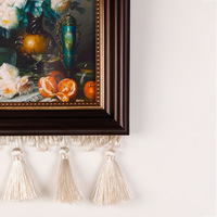 Cadre mural vintage fait main personnalisé avec pompons, décoration abstraite de luxe couleur crème française, cadre photo avec chaîne perlée