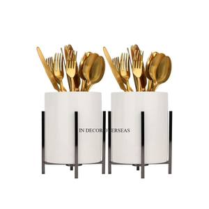 Hot Selling White Color Powder Coated High Standard Quality Metal Made <b>Cutlery</b> Flatware Set Holder With Wooden <b>Stand</b> From India - Product Image 2