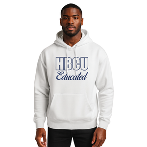 Felpa con cappuccio bianca da uomo HBCU con cappuccio blu reale in ciniglia e disegno ricamato stile di vita greco abbigliamento personalizzato College - Product Image 1