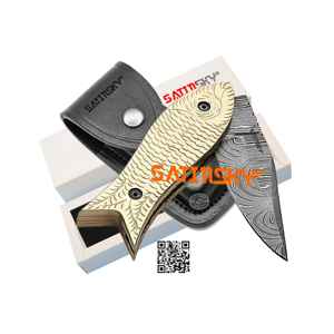 Couteau de poche 10 "en acier damas avec manche en bélier et traversins en laiton cadeau de chasse pliant manuel à haute teneur en carbone 1095 + 15N20 - Product Image 5