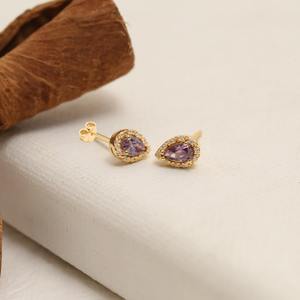Women's Sterling <b>Silver</b> Boho Style Stud <b>Earrings</b> with Amethyst Gemstone Gold Plated Trendy Handmade <b>Wedding</b> Gift - Product Image 5