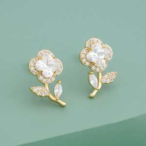 Trendy Vintage Flower Pattern <b>Stud</b> and Drop <b>Earrings</b> 14K/18K Gold Marquise and Emerald Cut Diamond Rose Gold Material - Product Image 1