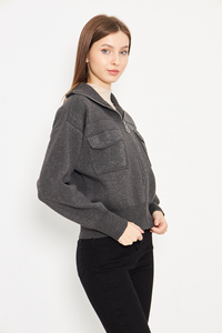Manteau court décontracté pour femmes tricot à glissière en acier tricot manteau quotidien confortable avec col à capuche haut élégant confort assaisonné - Product Image 3