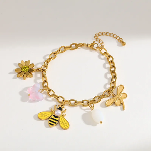 Ensemble de bijoux pendentif abeille élégant pour femmes avec perle et incrustation de zircon Collier en acier inoxydable plaqué or 18 carats Bracelet Boucles d'oreilles - Product Image 4