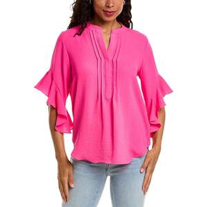 Blusa Rosa XS Vince Camuto Vintage con Scollo a V, Maniche a Volant, Decorazioni in Pizzo, Casual in Chiffon Lavorato a Maglia per Primavera Autunno - Product Image 1