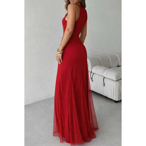 Robe longue sans manches à col rond pour femme, en tissu naturel uni, coupe trompette avec ourlet évasé asymétrique et détail en tulle 33175 - Product Image 4