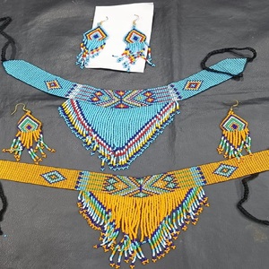 สร้อยคอลูกปัดและต่างหูทำจากเม็ดแก้วทำเองทำจากลูกปัดเมล็ดพันธุ์คุณภาพดีที่สุดสีฟ้าและสีเหลืองอ่อน - Product Image 1