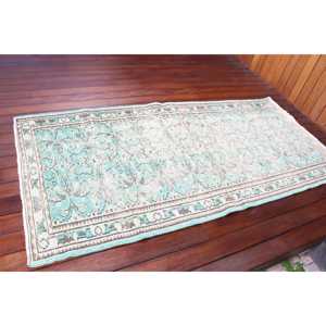 Alfombra Turca de 3.2x6.6 pies, Alfombra de Lana Vintage con Diseño Floral Azul - Product Image 2