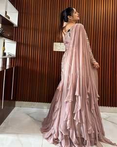 Ensemble traditionnel gris crème en fausse Georgette Lehenga Choli Prêt-à-porter à volants de style poisson coupé pour les mariages Cocktails - Product Image 4