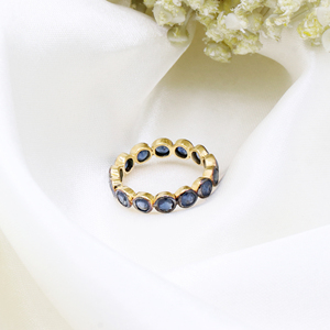 Memoria Jewels Natural Blue Sapphire Beaded Gold Plated Bezel Setting Chakra Healing Band <b>Ring</b> Women's 925 Sterling Silver <b>Ring</b> - Product Image 3