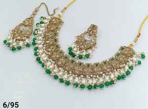 LATEST ANTIQUE MOTIPEARL & DROP FASHIONABLE GOLD PLATED FANCY <b>CHOKER</b> NECKLACE WITH MANGTIKKA EARRING SET & JEWELLERY SET WOMEN - Product Image 3