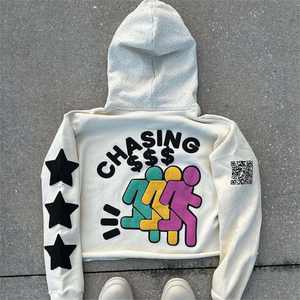 Sudadera con Capucha Personalizada de Estilo Urbano para Hombre, con Estampado de Pedrería, Estilo Holgado, con Dobladillo sin Rematar, para Hombre y Mujer - Product Image 4