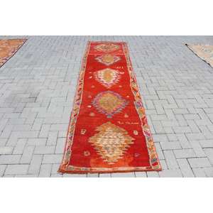 Alfombra Turca Vintage de 2.8x10.6 pies, Alfombra de Pasillo, Alfombra Persa de Lana Roja Anaranjada - Product Image 1