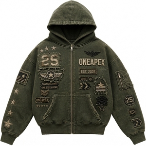 Olive Green Washed <b>Zip</b> <b>Up</b> <b>Hoodie</b> Oversized Streetwear <b>Graphic</b> Fleece Sweatshirt Distressed Casual Unisex Fashion Jacket - Product Image 1