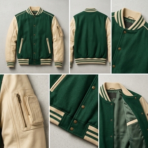 Blouson Bomber en Cuir Vert Crème Personnalisé, Style Letterman, Col Côtelé, Poches Zippées, Fabricant OEM ODM Marque Privée - Product Image 5