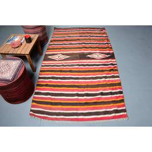 Traditional Brown <b>Red</b> Striped <b>Wool</b> Rug 39x72 Inches Patchwork Pattern for Entryway Bedroom 10mm Thickness Latex for Summer - Product Image 1