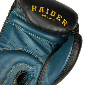 Gants de boxe RAIDER noirs/bleus, tailles 10/12/16oz, logo personnalisé, équipement de sparring MMA et thaïlandais avec attache de poignet à lacets - Product Image 4