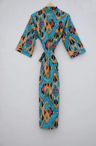 Bata Kimono de Algodón Ikat Turquesa Unisex, Larga, con Cuello en V y Cintura Ajustable, Ligera, para Descansar y Dormir, para Verano y Otoño - Product Image 3