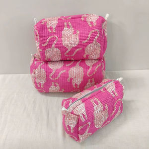 3-Piece Cotton <b>Quilted</b> Leopard Print <b>Makeup</b> <b>Bag</b> for Organizer Set Zipper Closure Lightweight for Travel (Small/Medium/Large) - Product Image 1