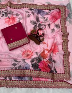 Magnifique Chinon Soie Avec Imprimé Floral Et Paillettes Broderie Dentelle Saree Femme Fabricant De Mode De Surat - Product Image 4