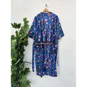 Kimono indio con estampado de bloques, hecho a mano, de algodón, suave y ligero, para estar en casa. - Product Image 1