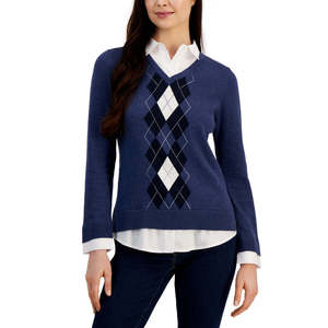 เสื้อสเวตเตอร์ลายอาร์ไกล์สไตล์วินเทจสำหรับผู้หญิง ยี่ห้อทอมมี่ ฟอร์ ฮิลฟิเกอร์ ผ้าฝ้ายผสมขนแพะ ระบายอากาศได้ดี สีน้ำเงิน ด้านหน้า ขนาดเล็ก - Product Image 1