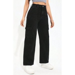 Pantalon cargo en jean noir Y2K streetwear pour femme, taille haute, coupe ample, extensible, multipoches, décontracté, écologique, effet plaqué, grandes tailles - Product Image 4