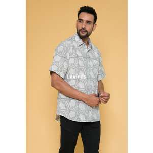 Chemise grise pour hommes, chemises en coton décentes à imprimé floral pour hommes, chemise pour hommes à manches courtes en coton imprimé à la main, chemises décontractées - Product Image 1