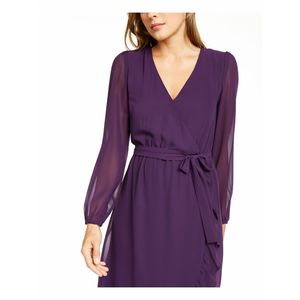 Abito midi da donna Q+A Los Angeles in chiffon viola con maniche a palloncino, taglie forti, con linea vita naturale - Product Image 3