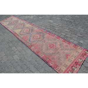 Turkish Traditional Eco Friendly <b>Runner</b> Rug 2.7x13.6 ft <b>Red</b> Blue Patchwork Wool with Latex Backing - Product Image 2