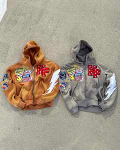 Sweat à capuche zippé personnalisé pour hommes de haute qualité 100% coton éponge française soleil délavé à l'acide sweat-shirt vieilli patch brodé été - Product Image 4