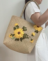 Tas Tangan Wanita Ramah Lingkungan dari Rumput Sedge Buatan Tangan Bentuk Persegi Panjang, Desain Bunga Modis, Penutup Ritsleting, Model Terbaru