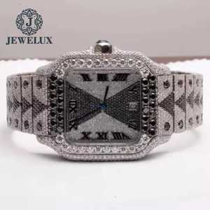 Montre élégante à quartz noir et blanc glacé, bracelet en acier inoxydable de style mécanique de luxe avec cadran en diamant moissanite - Product Image 1