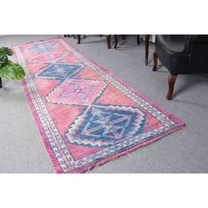 Large Area Bohemian Patchwork <b>Rug</b> 3.2 X 11.3ft Pink Blue Turkish Wool with Latex Backing for Living Room or <b>Bedroom</b> - Product Image 1