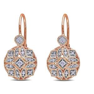 Vintage Style Floral 14K Rose Gold <b>Leverback</b> <b>Earrings</b> with 0.15ct Diamonds Fashion Drop Design - Product Image 5
