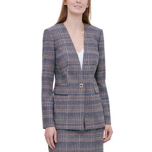 Blazer da Donna Calvin Klein in Tweed a Quadri Marrone, Taglia 10, Lunghezza Lunga, con Bottoni e Decorazioni Ricamate, Motivo Intrecciato - Product Image 1