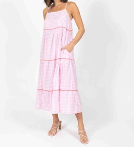 Sexy Women's Maxi Dress Sleeveless Short <b>Spaghetti</b> <b>Strap</b> Lace Trim Tiered Contrast Check Print 100% Cotton A-Line ODM for 4 - Product Image 4