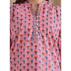 Blusa de Mujer con Estampado Floral Rosa, Corte Holgado, Popelina de Algodón Butti, con Cuello de Lazo, Botones Frontales, Largo, Talla XL, para Primavera/Verano - Product Image 2
