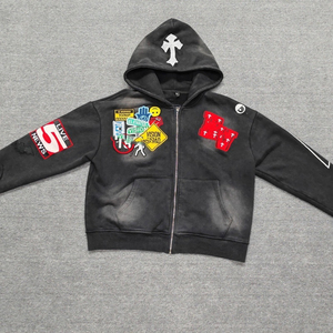 Sudadera con Capucha de Felpa Francesa de Alta Calidad, 350 Gramos, Estilo Urbano, Vintage, Lavado Ácido, Bordado Pesado, Pedrería, Color Sólido - Product Image 1