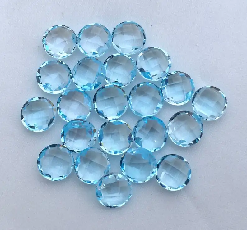 Topacio azul facetado Briolette tablero de ajedrez Forma redonda Piedras de Topacio azul cielo Tamaño semiprecioso 6mm 7mm 8mm 9mm 10mm