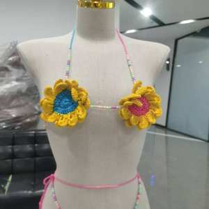 Conjunto de Bikini de Dos Piezas con Cuentas de Girasol de Ganchillo Multicolor Personalizado 2025, Cuello en V, Estampado Floral, Talla para Mujer - Product Image 2