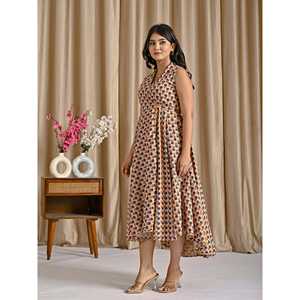 Vestido Asimétrico Estampado de Algodón Butti Beige y Azul, Casual y Elegante, Ropa de Mujer ODM, Transpirable, Talla Única XL, Cintura Natural - Product Image 5