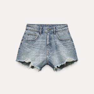 Short en jean élégant et décontracté taille haute pour femmes, coupe ajustée confortable, brodé, design d'été sexy et vieilli sur mesure - Product Image 1