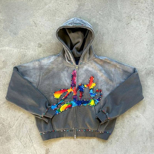 Chaqueta de invierno personalizada con diamantes de imitación para hombre, ropa de calle de cristal, parche con apliques holgados de gran tamaño, sudadera vaquera con cremallera, 100% de algodón - Product Image 4