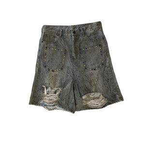 DENIMGUYS 2024 hommes décontracté coton Denim Shorts personnalisé peint à la bombe déchiré jean plat avant en détresse lavé boue respirant - Product Image 1