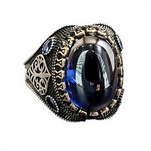 Men's Silver Yggdrasil Patterned <b>Ring</b> with Oval Dark Blue Sapphire Gemstone Handmade Tree Life Themed <b>Ring</b> <b>Opal</b> As Main Stones - Product Image 1