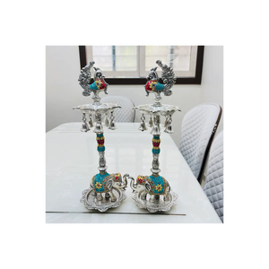 india Silver Elephant , Long Diya Stand, Set of 1 <b>Oil</b> <b>Lamp</b>, Entryways Decor, Diwali Decor, Peacock Samai, Annam <b>Brass</b> <b>Oil</b> <b>Lamp</b> - Product Image 1