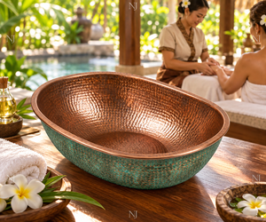 Bol de pédicure en cuivre martelé artisanal, ovale, pour bain de pieds, patine verte, pour SPA - Product Image 5