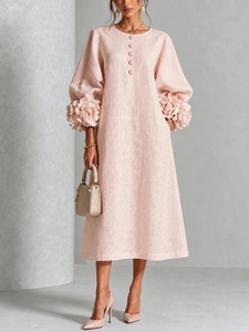 Robe midi élégante en lin pour femme, col rond, manches bouffantes, boutonnée, coupe trapèze, couleur unie, imprimé sublimation sur le devant, manches longues, mi-mollet - Product Image 2